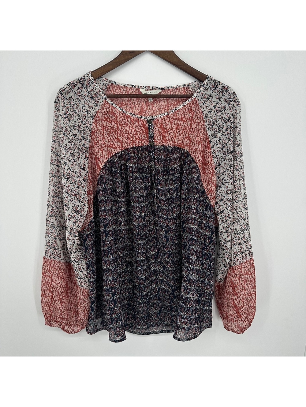 Lucky Brand Boho Patchwork Floral Peasant Blouse Mixed Print 2X